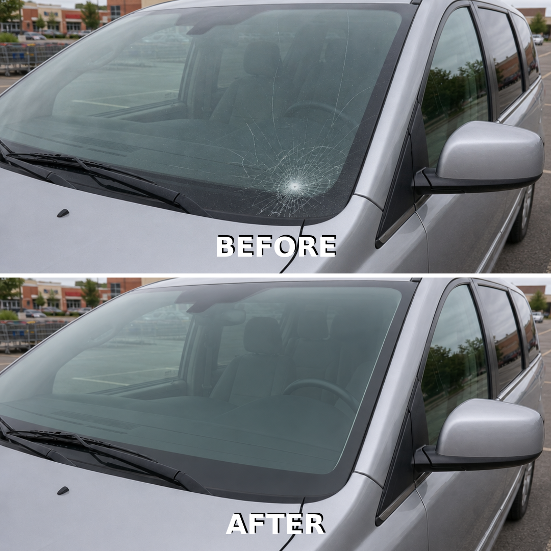 Windshield before and after replacement