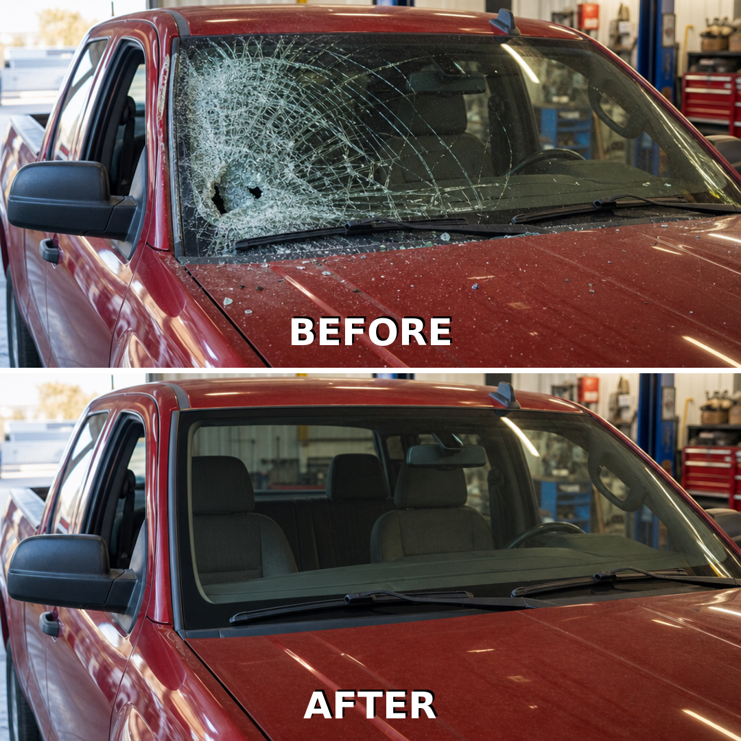 Windshield before and after replacement